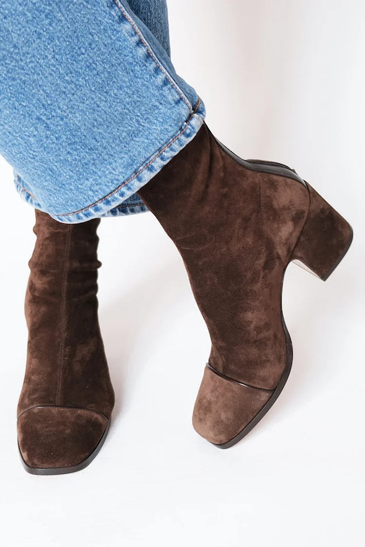 Women's Faux Suede Square-Toe Booties with Stitched Tip - Brown