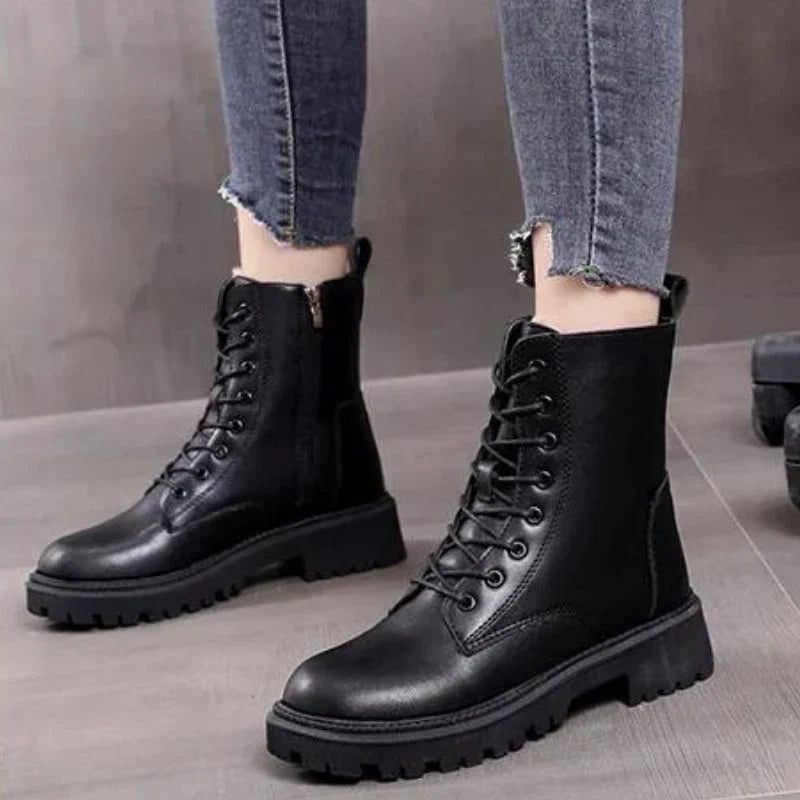 Women's Leather Treaded-Sole Ankle Boots with Lace-Up Front and Zip - Black