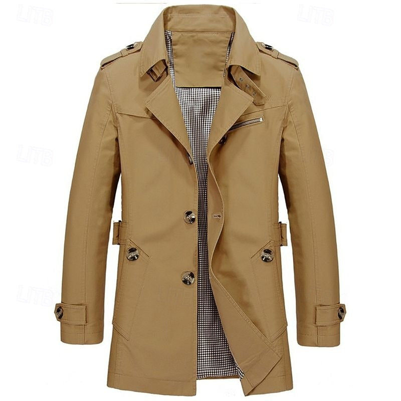 Men's Three-Season Trench Coat with Button Front and Lapel Collar