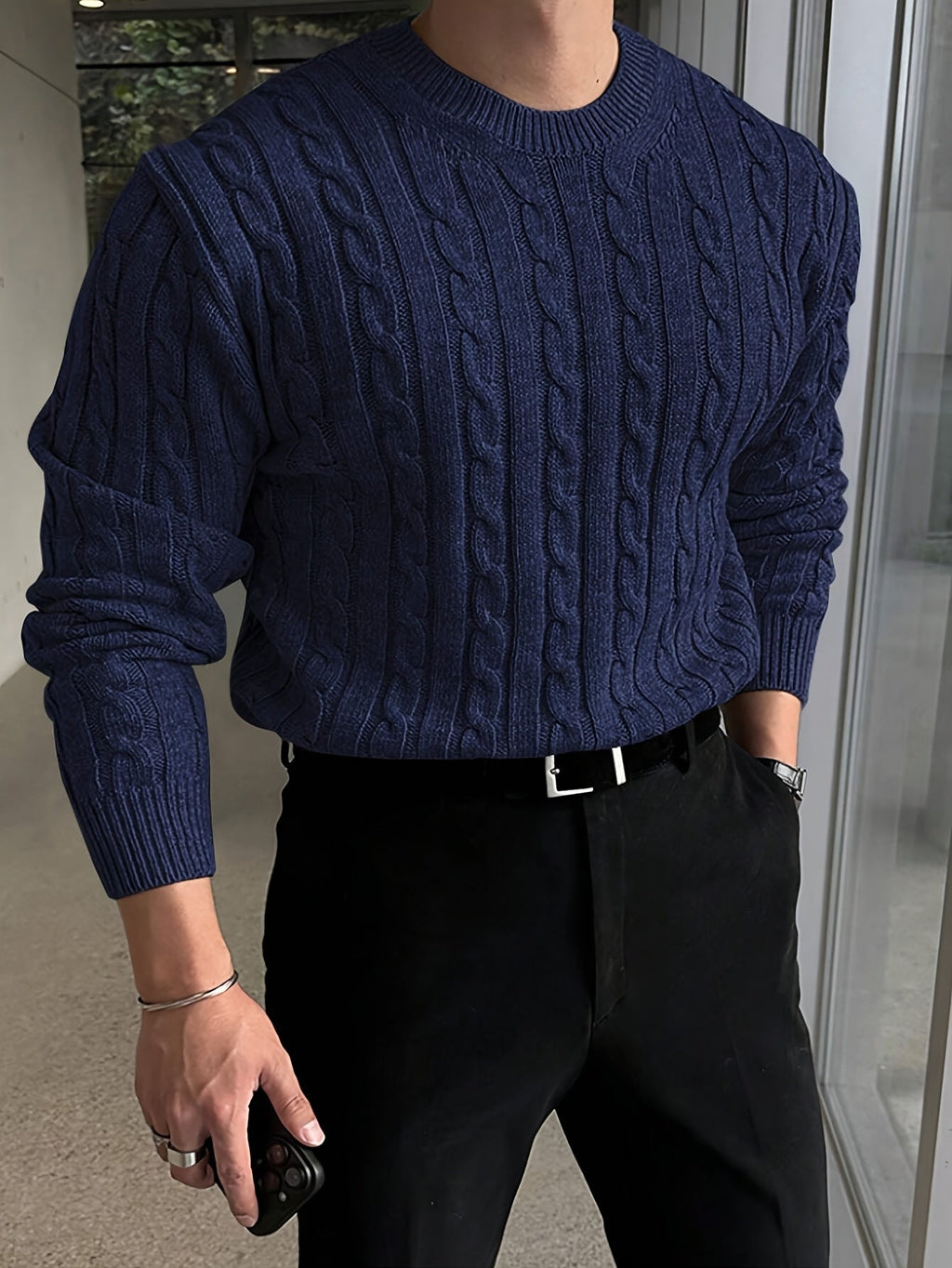 Men's Relaxed Textured Cable Sweater for Work and Weekends