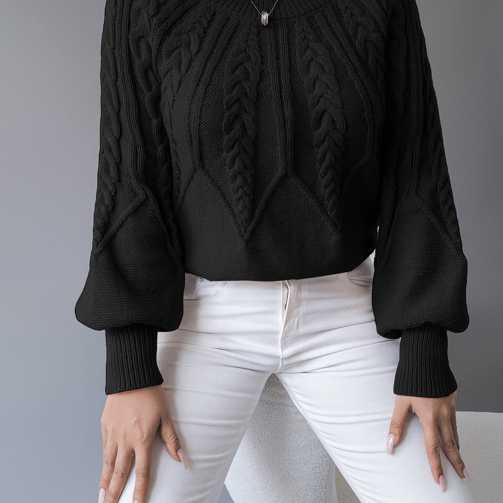 Women's Classic Cable Crew Neck Sweater with Lantern Sleeves