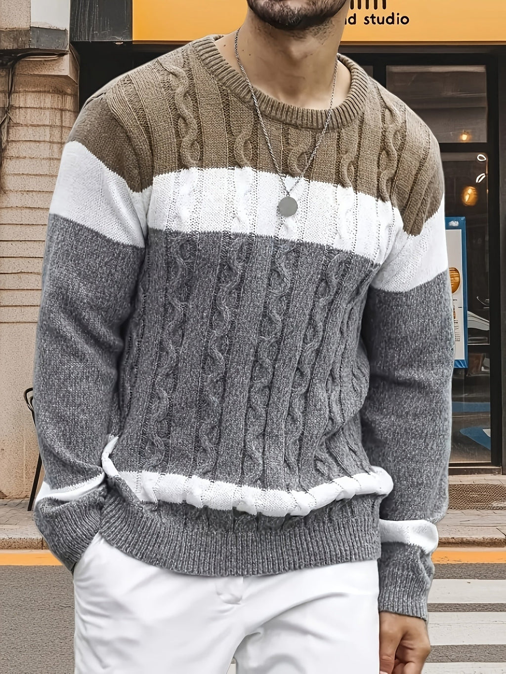 Men's Contrast-Block Cable-Knit Pullover Sweater