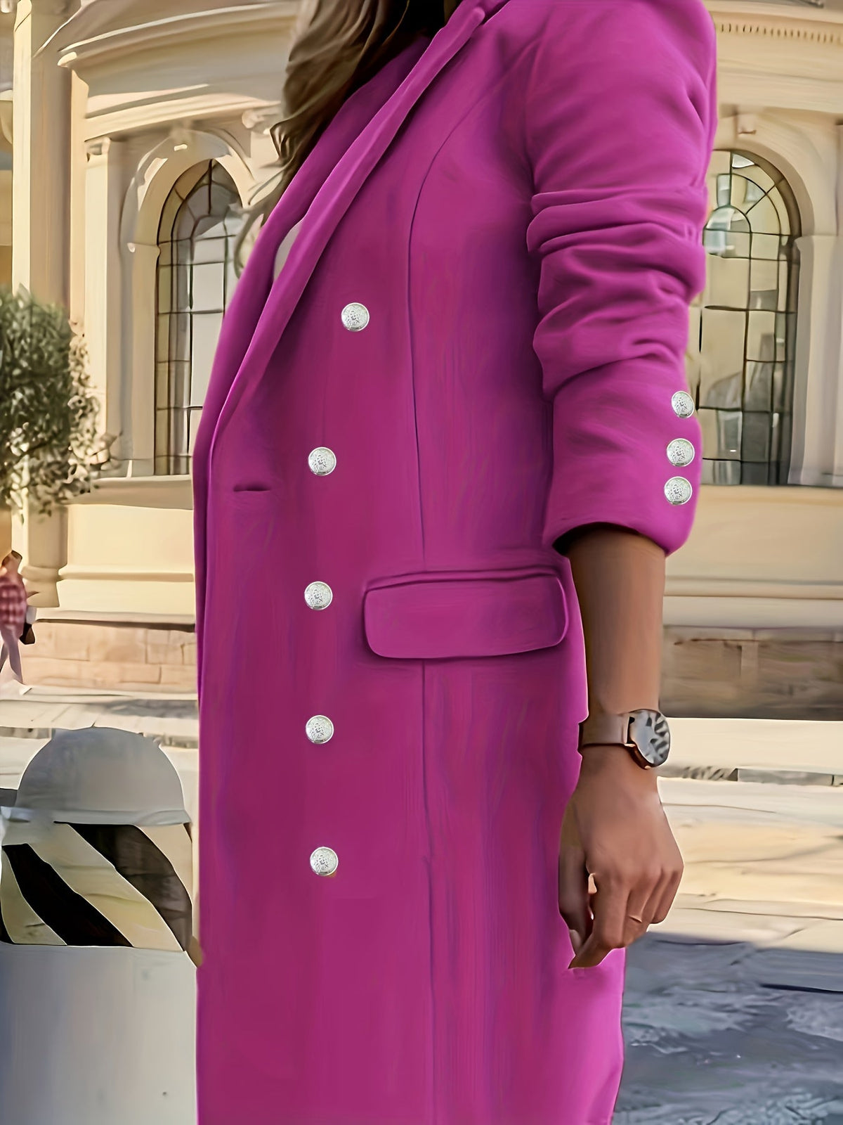 Women's Relaxed Tailored Long Coat with Two-Row Button Front