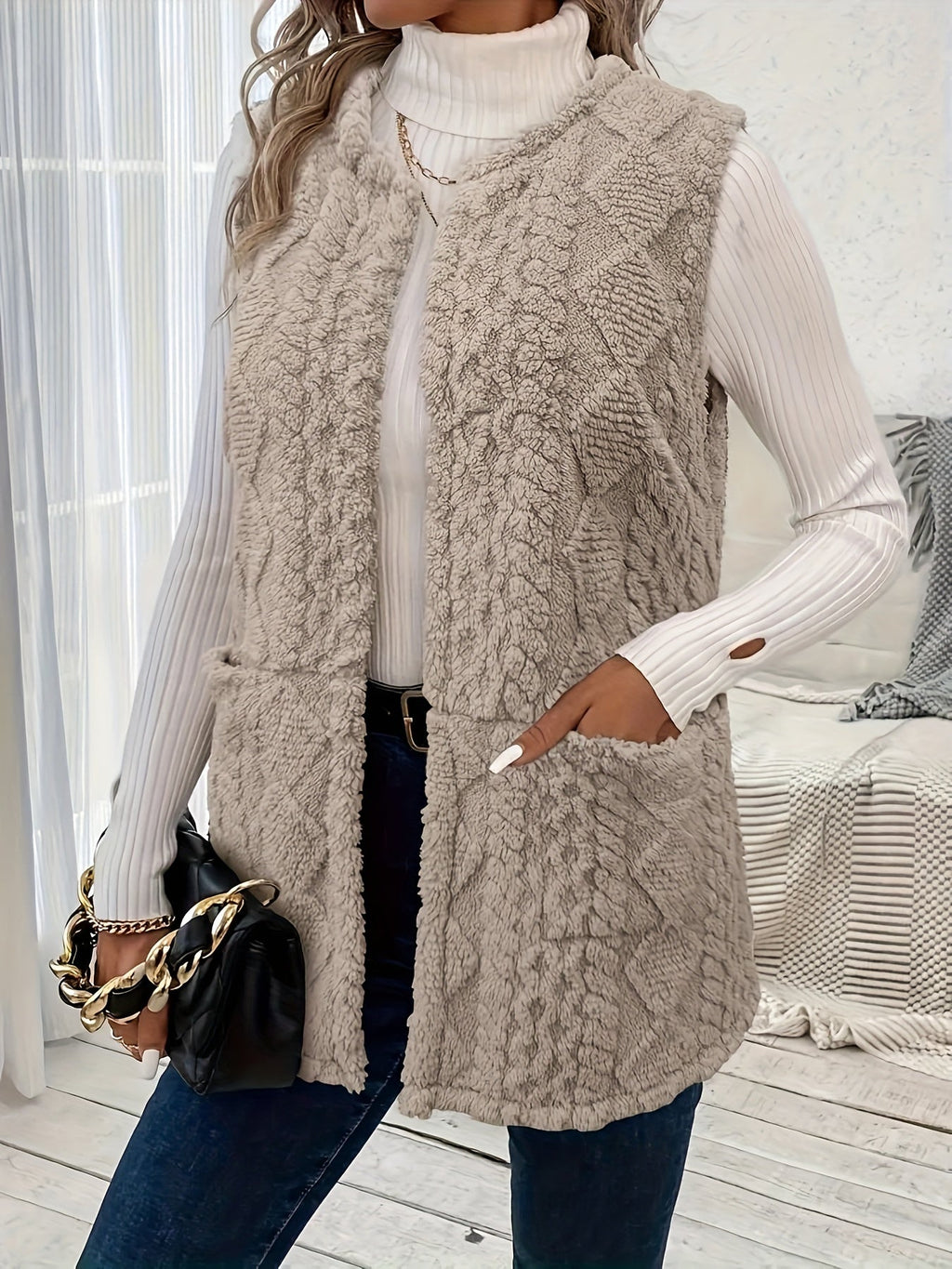 Women's Open Plush Layering Vest with Two Front Pockets