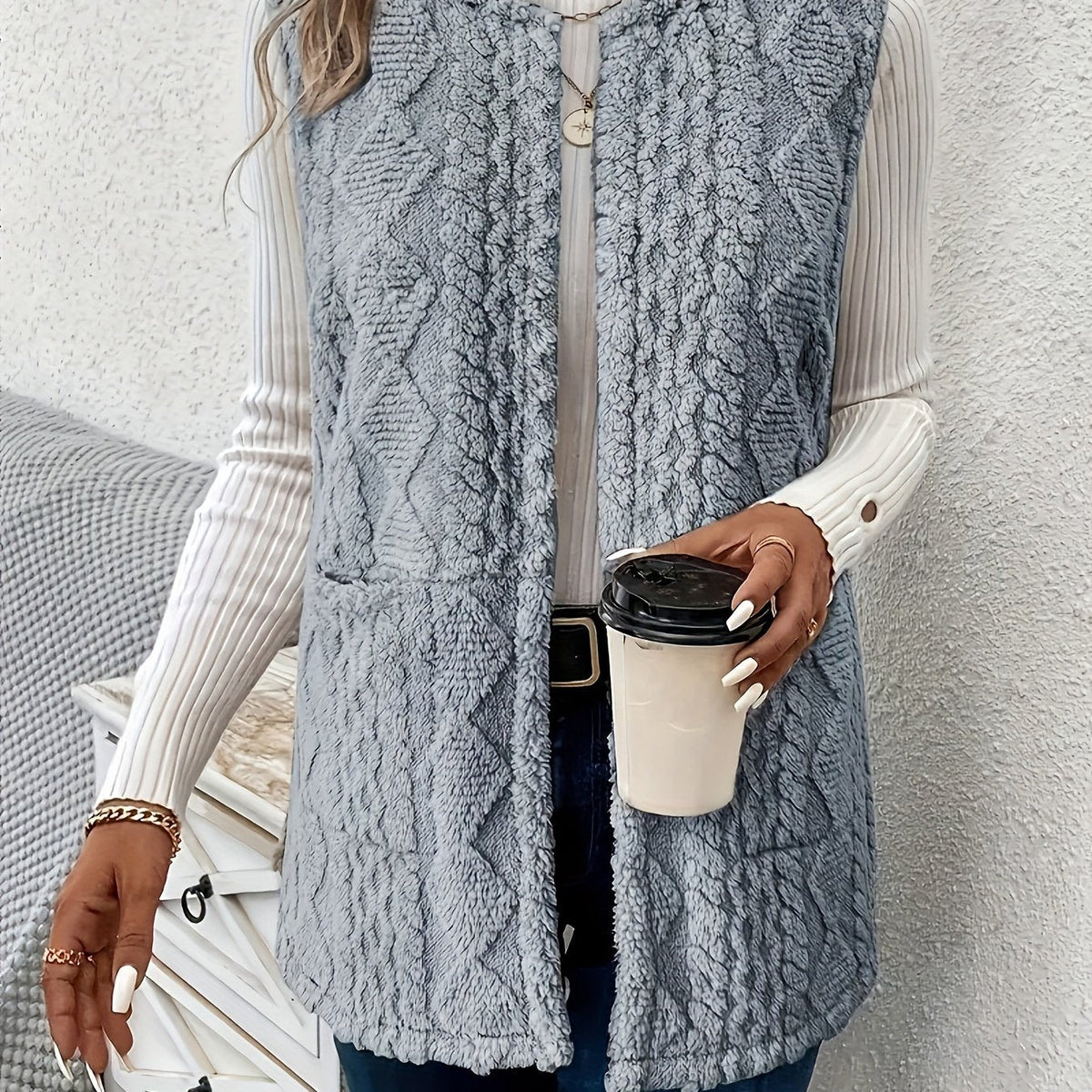 Women's Open Plush Layering Vest with Two Front Pockets