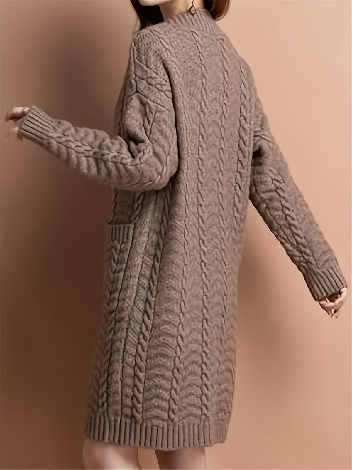 Women's Cable-Knit Long Cardigan with Buttons and Front Pockets