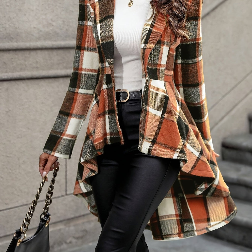 Women's Plaid Open Topper Jacket with Draped Flared Shape - Red & Brown Plaid