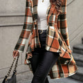 Women's Plaid Open Topper Jacket with Draped Flared Shape - Red & Brown Plaid
