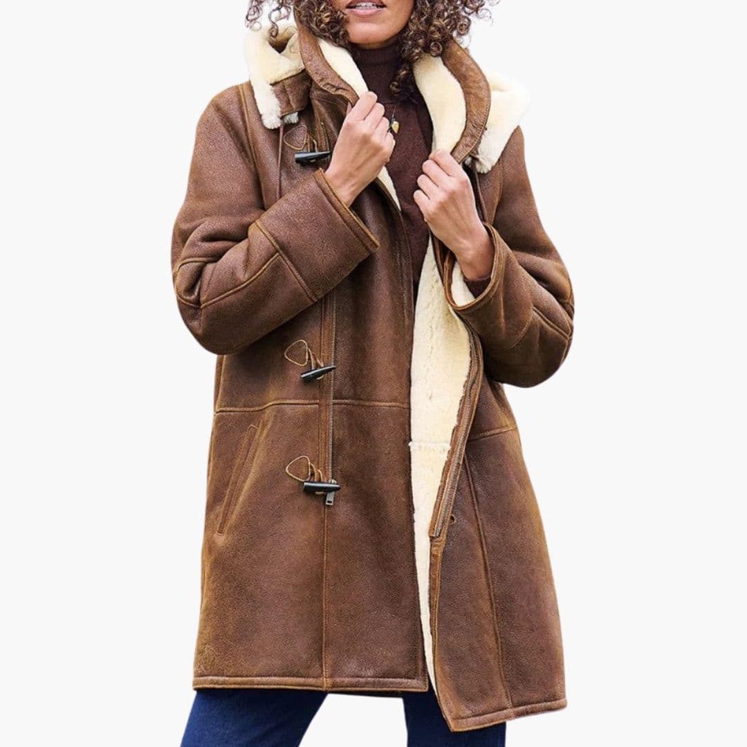 Women's Faux Fur Collar Knee-Length Duffle Coat with Toggles - Brown