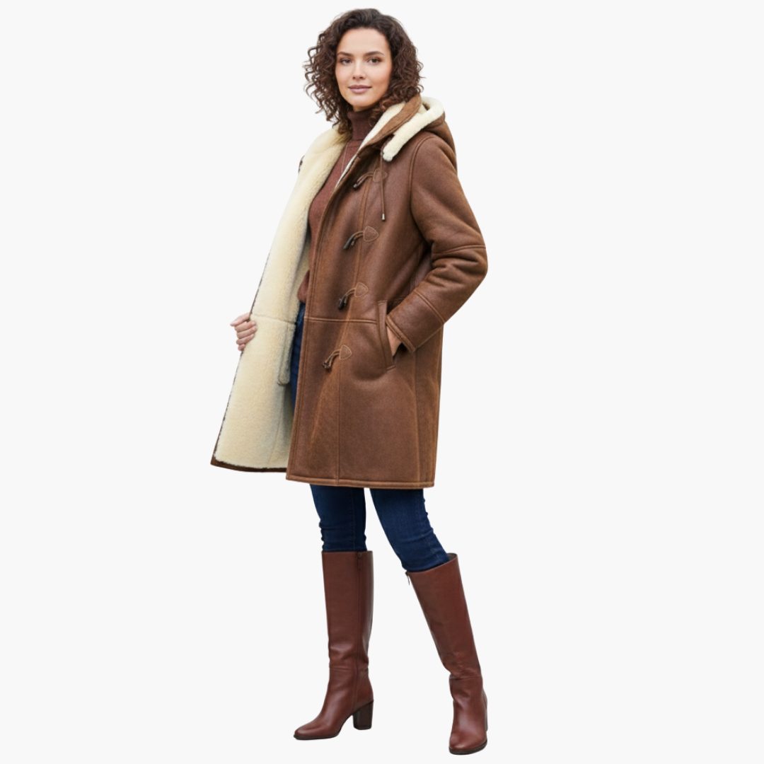 Women's Faux Fur Collar Knee-Length Duffle Coat with Toggles