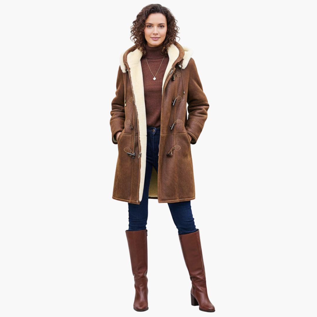 Women's Faux Fur Collar Knee-Length Duffle Coat with Toggles