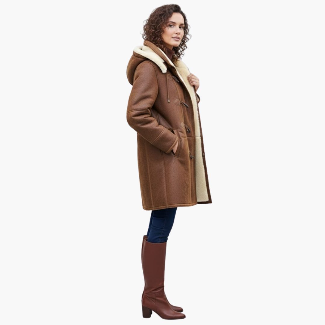 Women's Faux Fur Collar Knee-Length Duffle Coat with Toggles