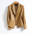 Women's Fitted Leather Lapel Jacket with One-Button Front - Camel