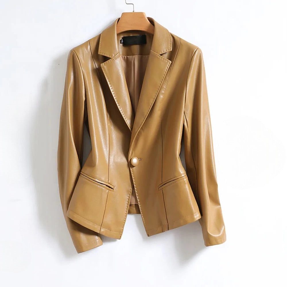 Women's Fitted Leather Lapel Jacket with One-Button Front - Camel
