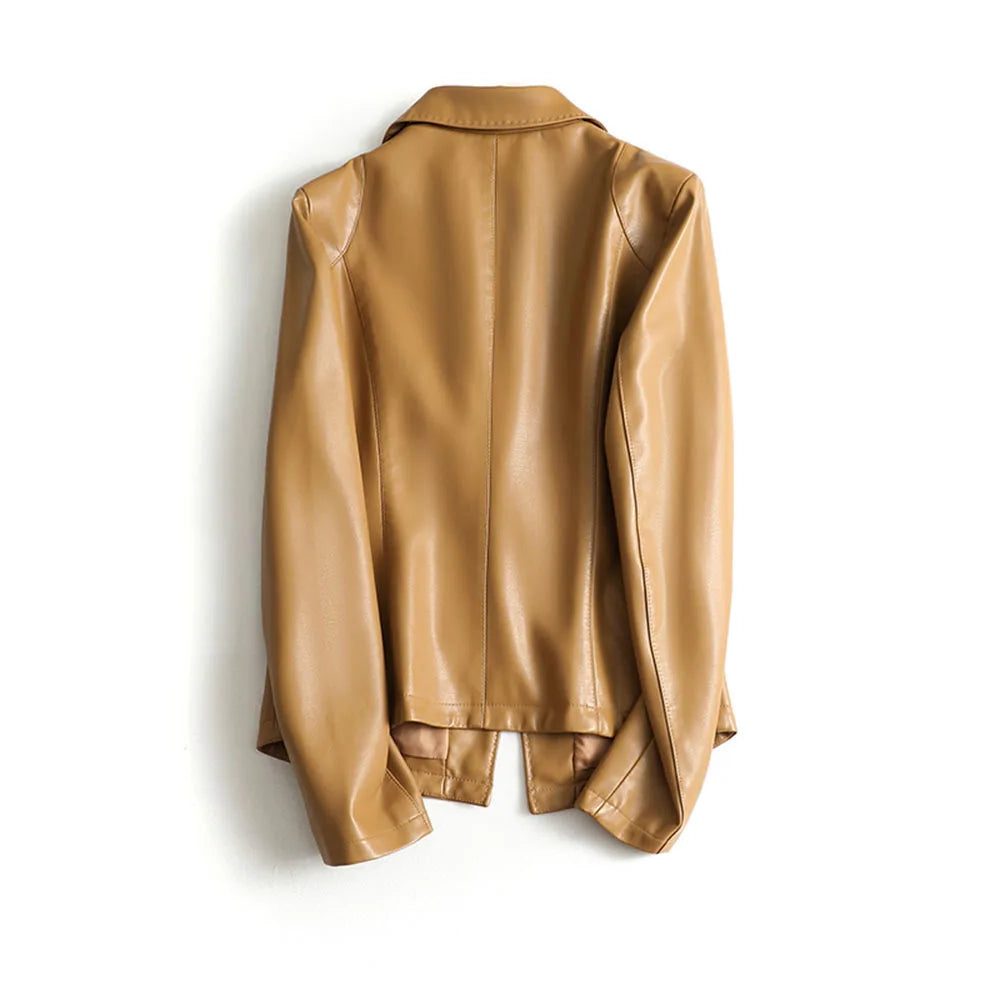 Women's Fitted Leather Lapel Jacket with One-Button Front