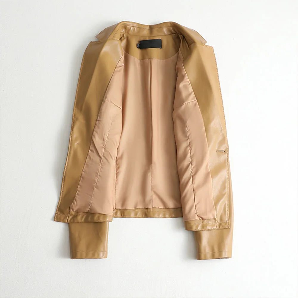 Women's Fitted Leather Lapel Jacket with One-Button Front