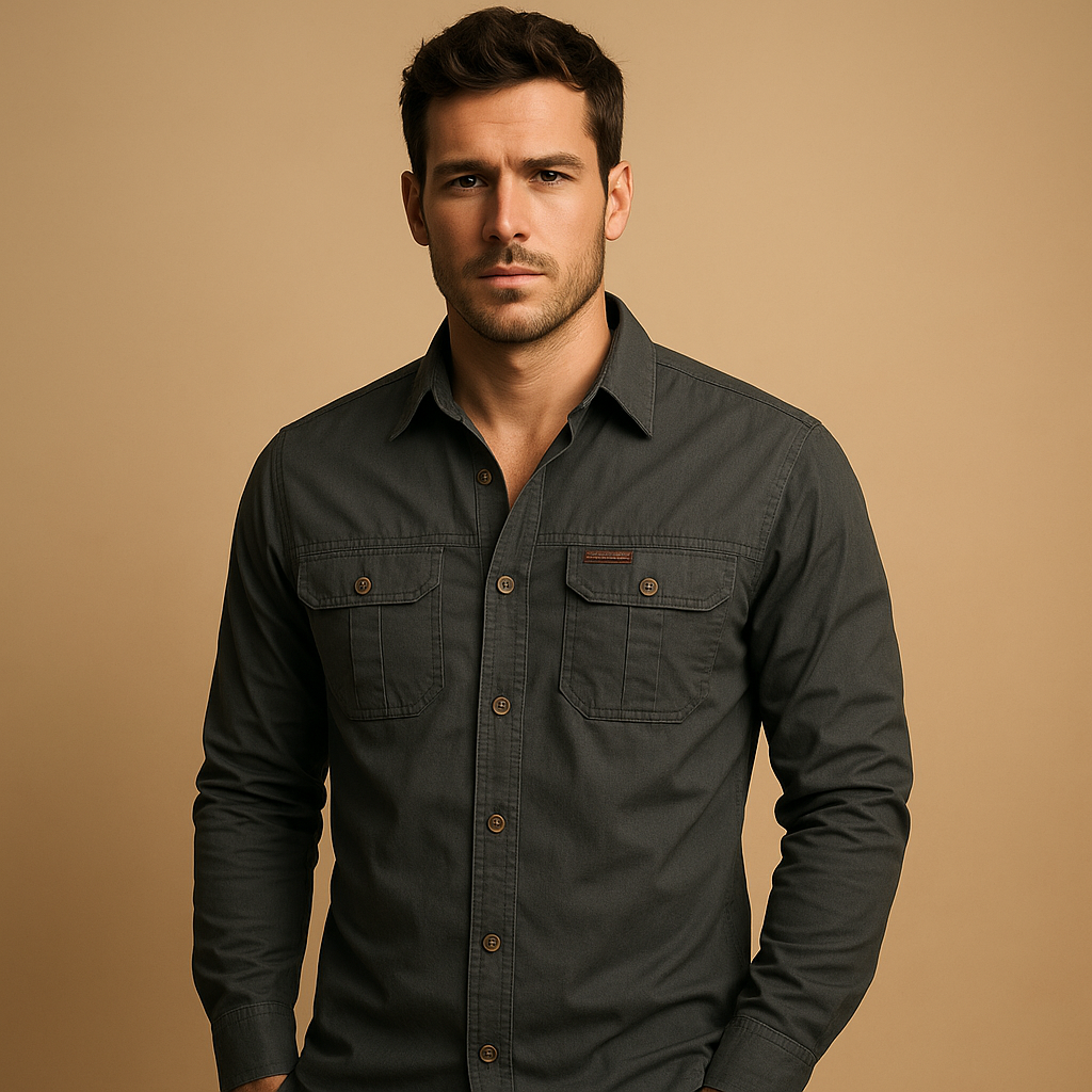 Men's Flap-Pocket Cotton Button-Up in a Relaxed Fit - Dark Gray