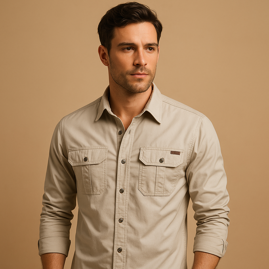 Men's Flap-Pocket Cotton Button-Up in a Relaxed Fit - Cream