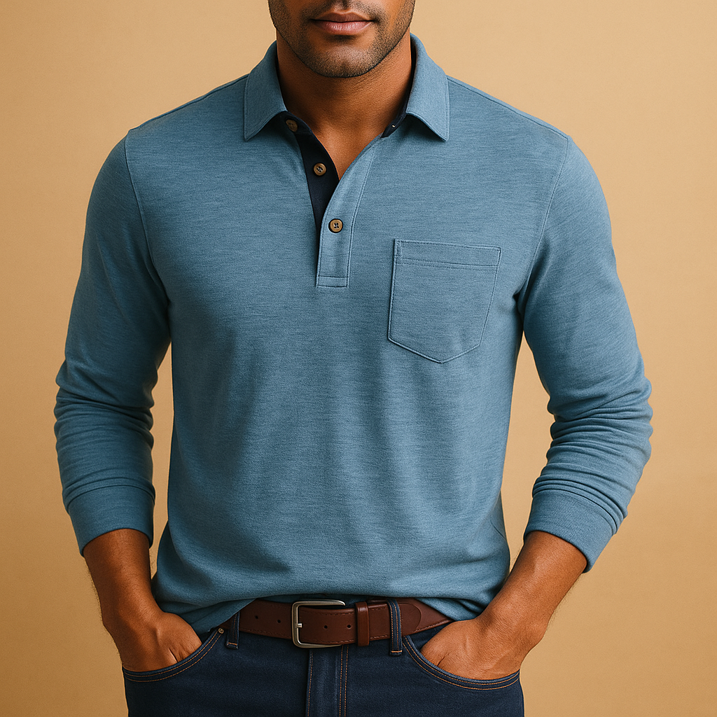 Men's Short-Placket Cotton Polo Shirt with Long Sleeves - Blue