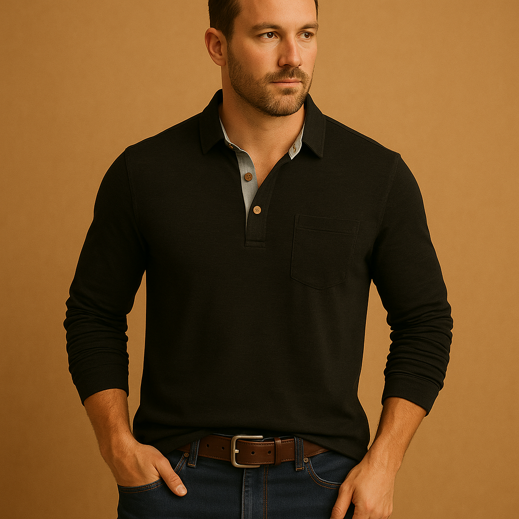 Men's Short-Placket Cotton Polo Shirt with Long Sleeves - Black