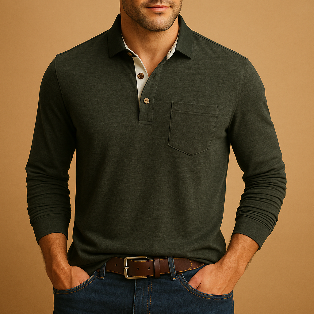 Men's Short-Placket Cotton Polo Shirt with Long Sleeves - Dark Gray