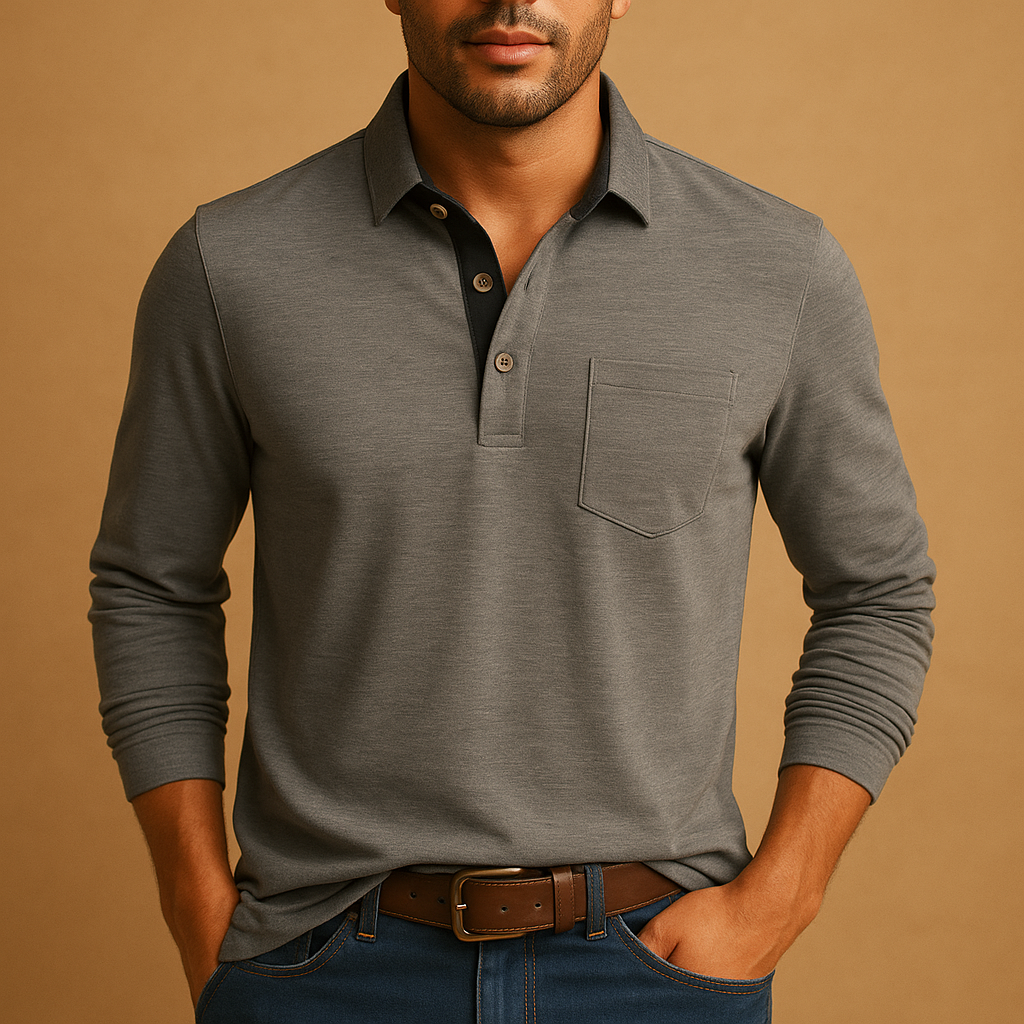 Men's Short-Placket Cotton Polo Shirt with Long Sleeves - Light Gray