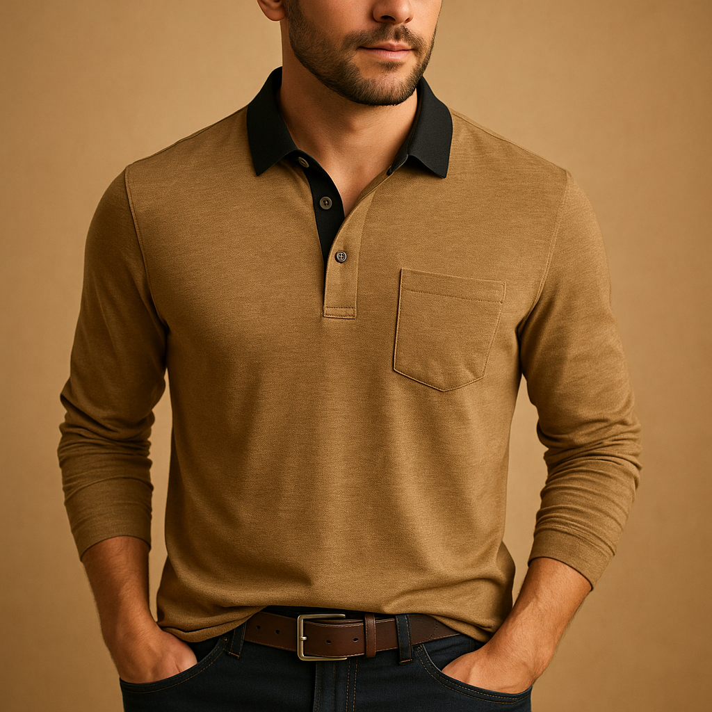Men's Short-Placket Cotton Polo Shirt with Long Sleeves - Khaki