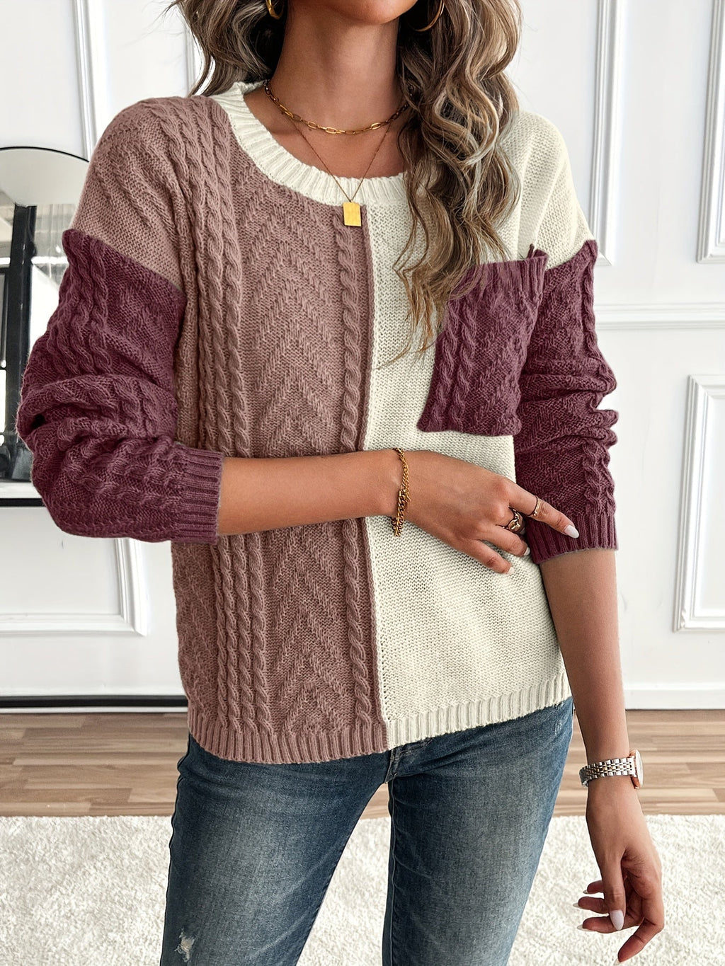 Women's Relaxed Two-Tone Cable Sweater with Front Pocket
