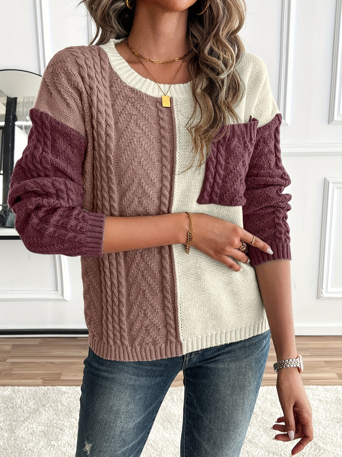 Women's Relaxed Two-Tone Cable Sweater with Front Pocket