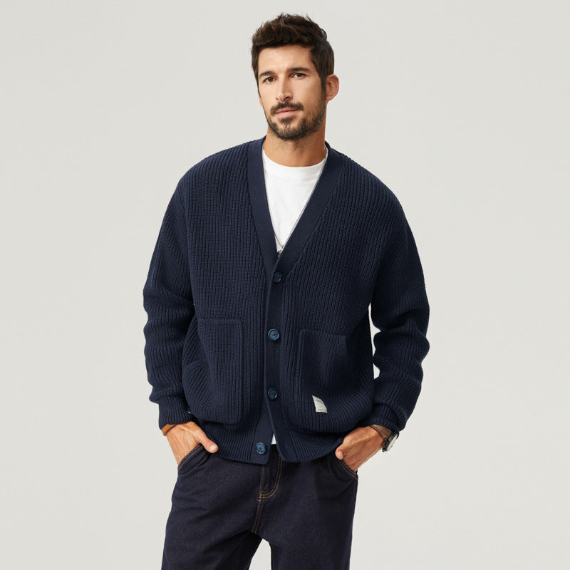 Men's Chunky Cotton Cardigan with Big Front Pockets