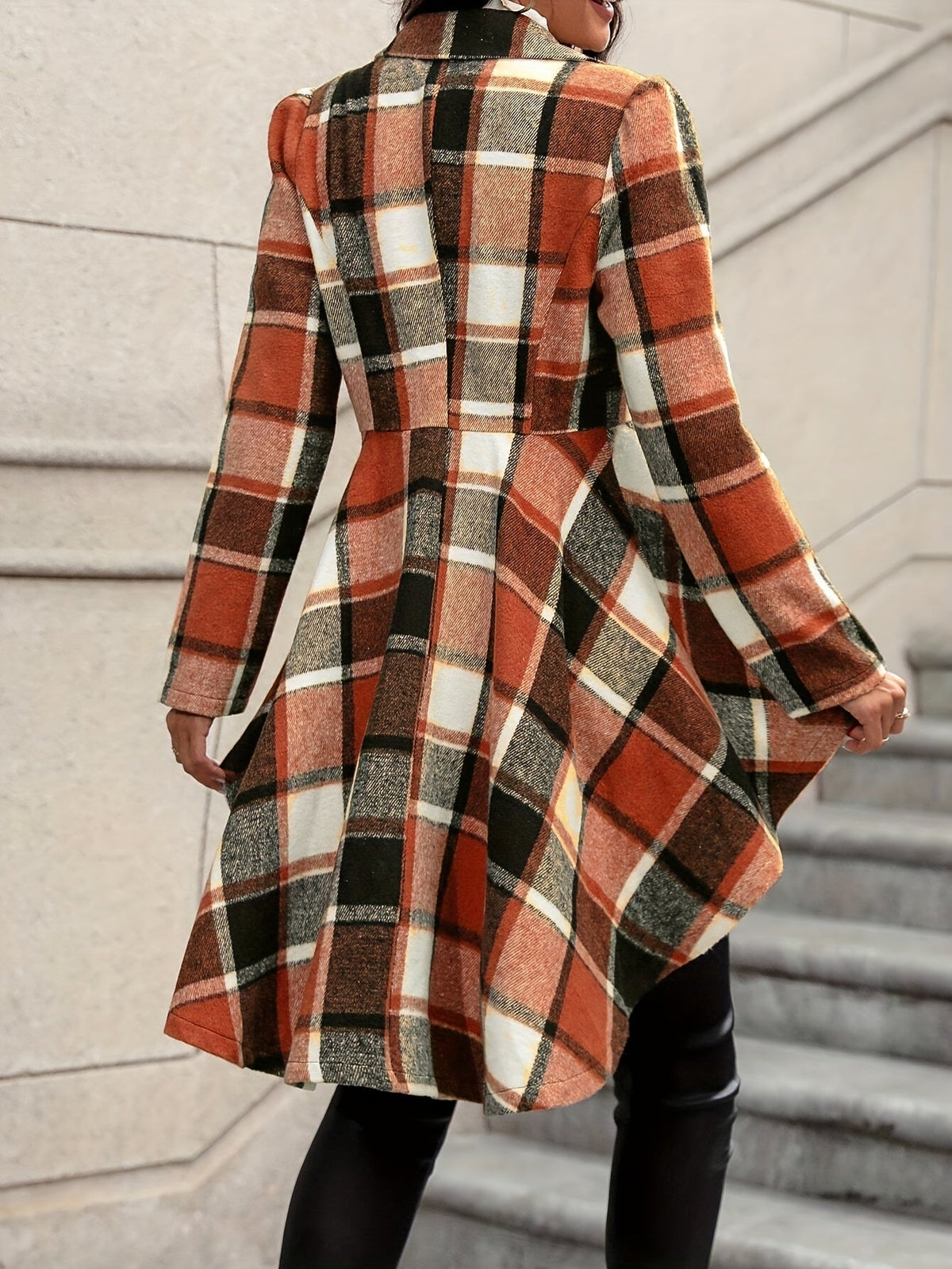 Women's Plaid Open Topper Jacket with Draped Flared Shape