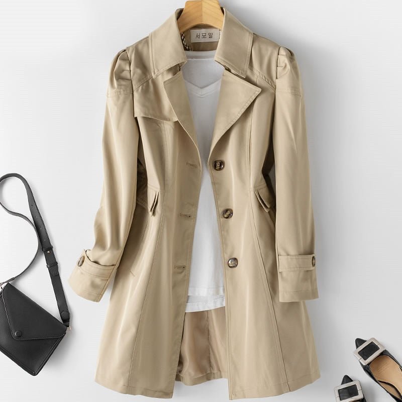 Women's Single-Button Slim Trench Coat in Knee Length - Khaki