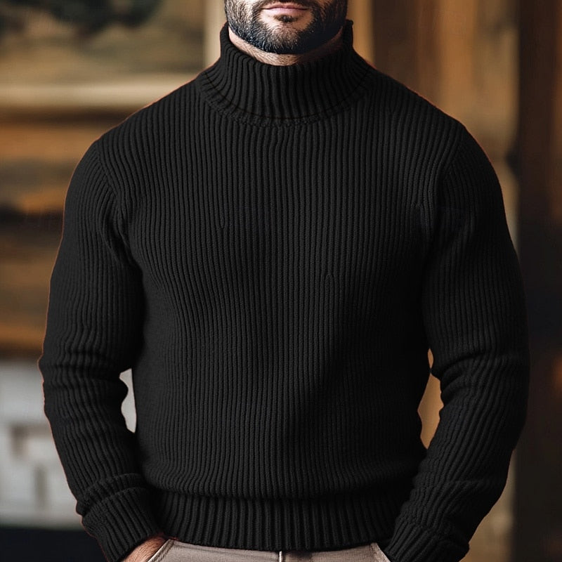 Men's Classic Rib-Knit Turtleneck Sweater with an Easy Fit - Black