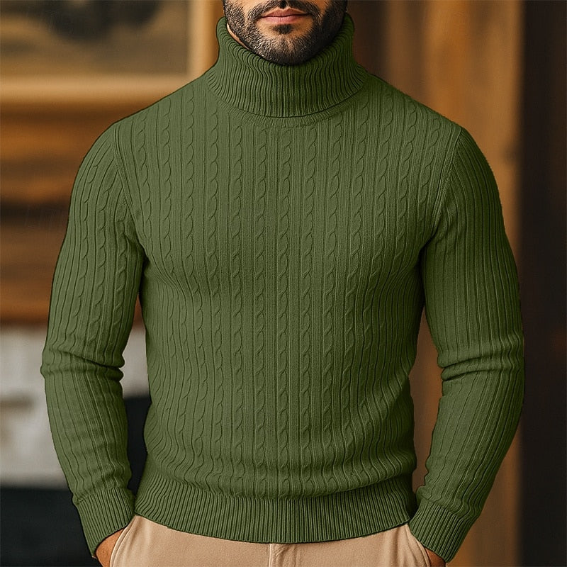 Men's Twisted-Cable Rolled-Neck Sweater in a Slim Cut - Army Green
