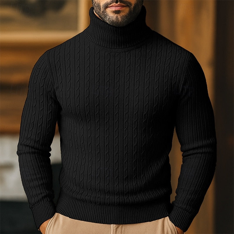Men's Twisted-Cable Rolled-Neck Sweater in a Slim Cut - Black