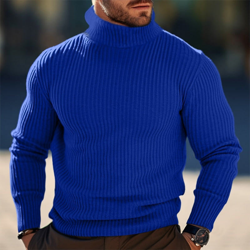 Men's Slim Rib-Knit Turtleneck Sweater for Jacket Layering - Blue