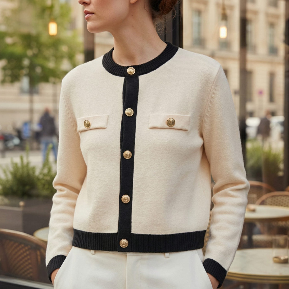 Women's Cropped Button-Down Cardigan with Contrast Ribbed Trim - Beige