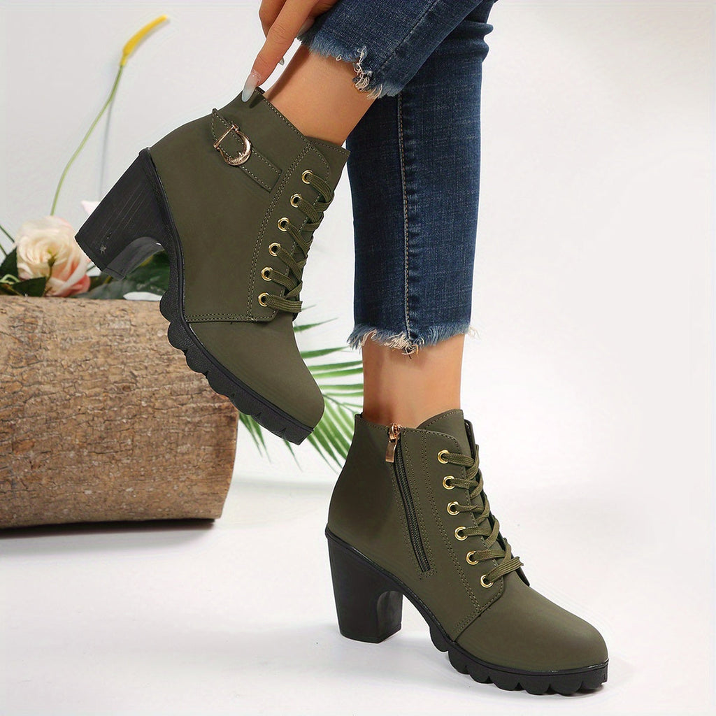 Women's Laced Winter Booties with Buckle Detail and Block Heel - Dark Green