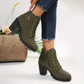 Women's Laced Winter Booties with Buckle Detail and Block Heel - Dark Green