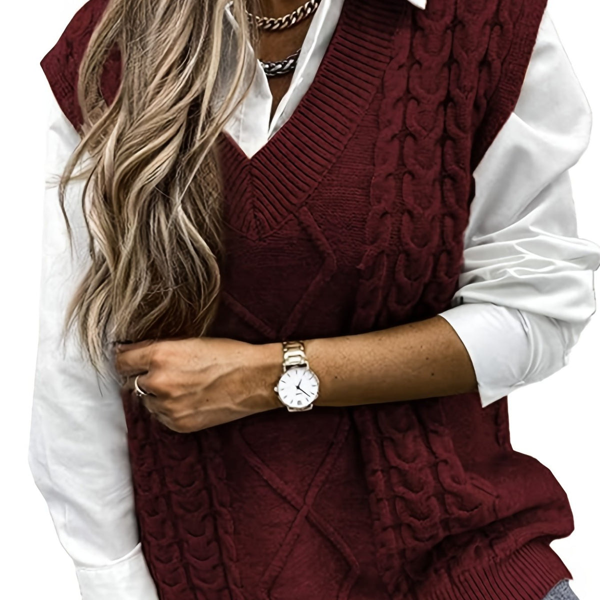 Women's Cable-Knit V-Neck Sweater Vest in a Relaxed Fit - Burgundy