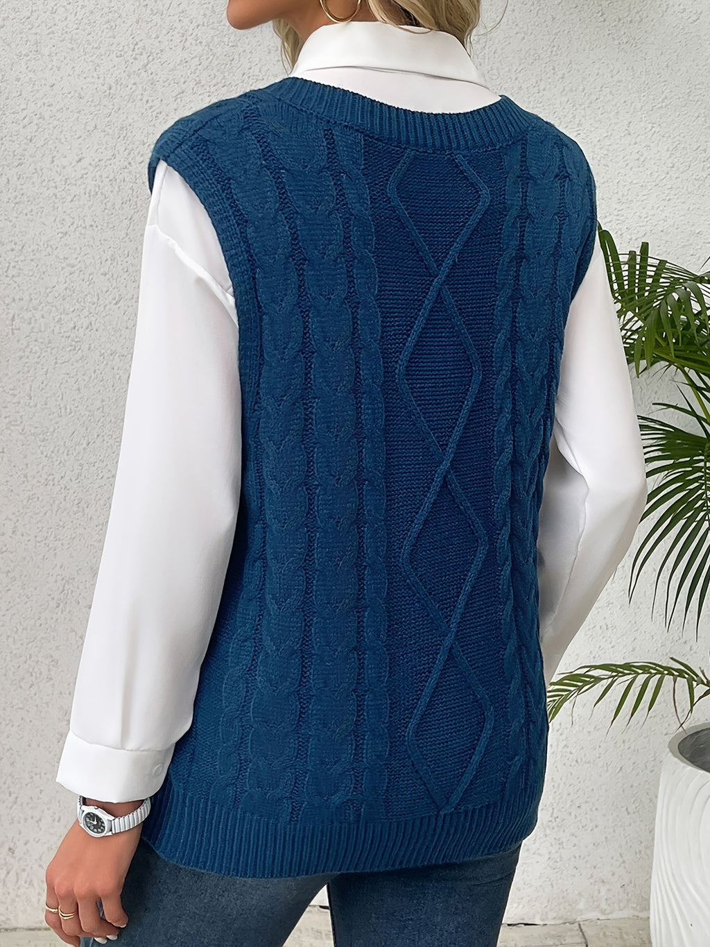 Women's Cable-Knit V-Neck Sweater Vest in a Relaxed Fit