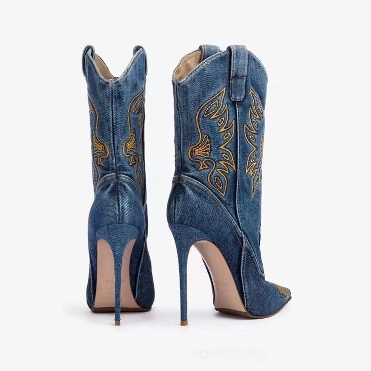Women's Western Denim Stiletto Boots with Embroidered Sides
