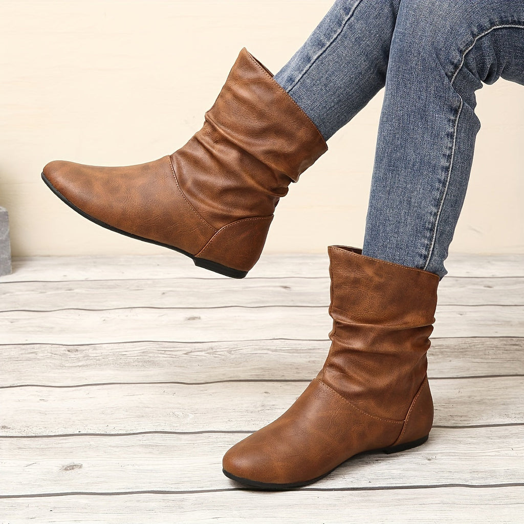Women's Gathered-Ankle Flat Boots with Easy Slip-On Entry
