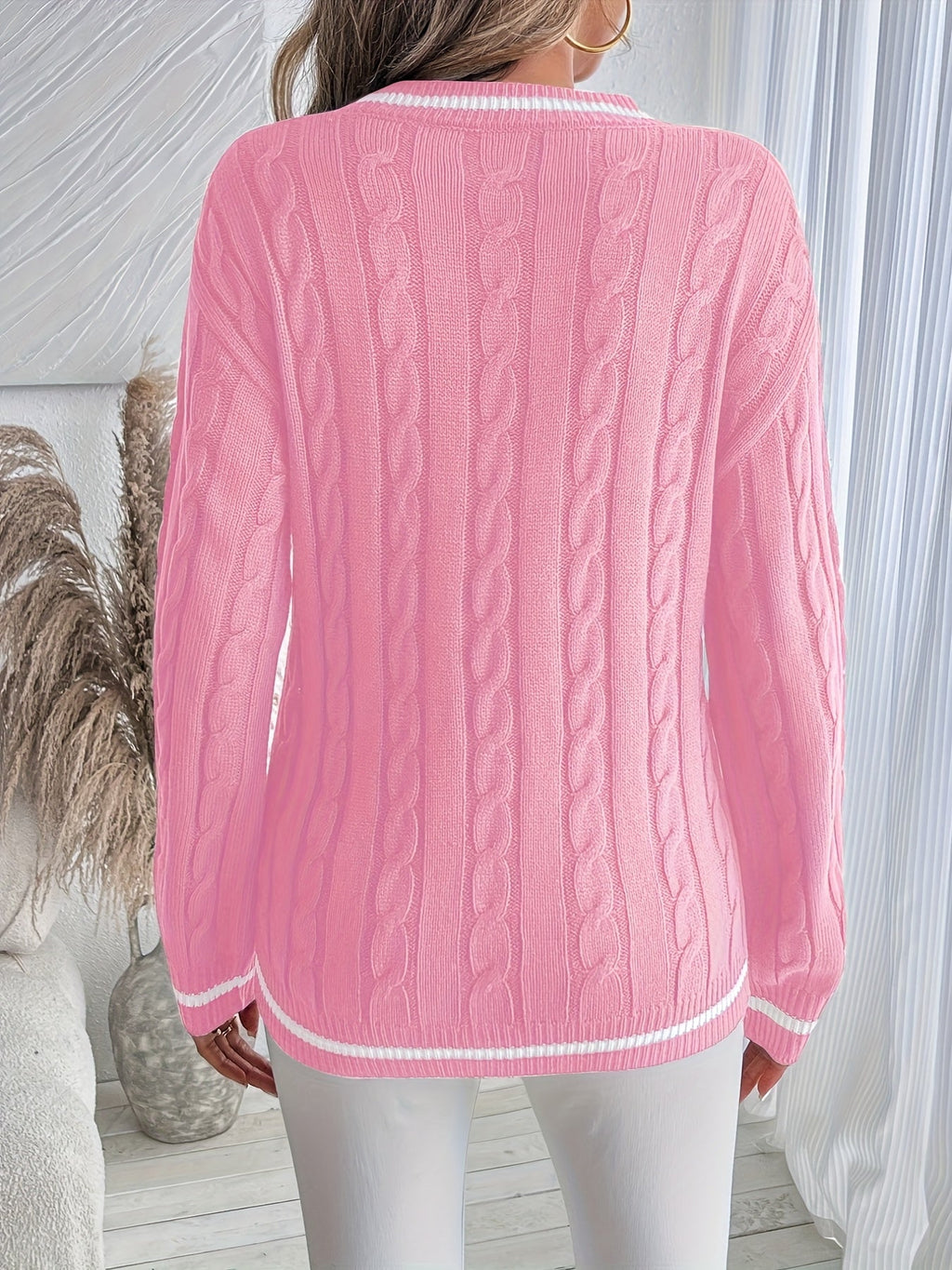 Women's Relaxed Cable-Knit V-Neck Sweater with Dropped Shoulders