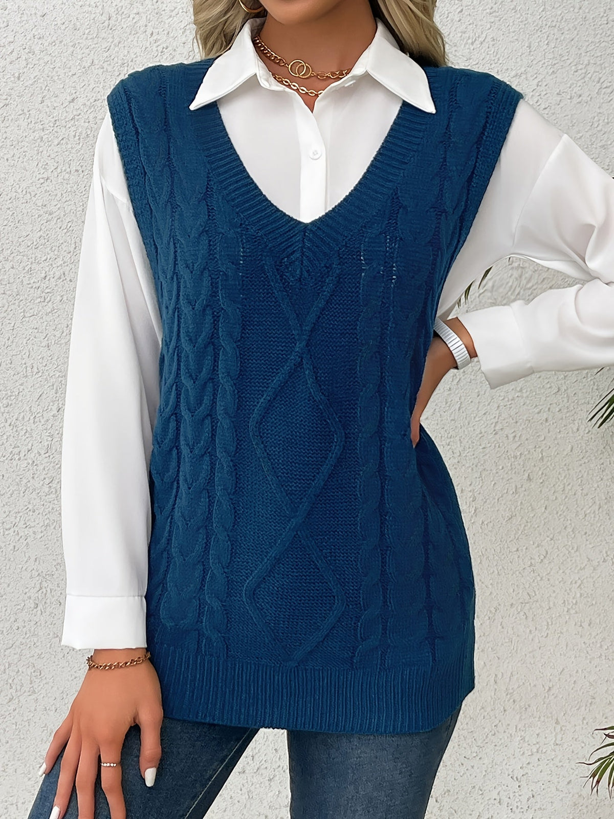 Women's Cable-Knit V-Neck Sweater Vest in a Relaxed Fit