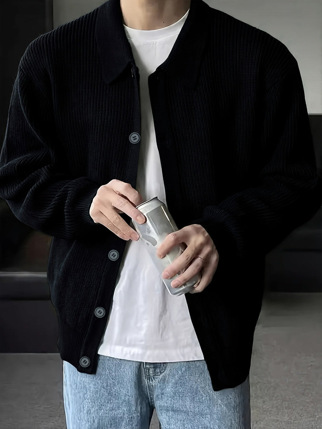Men's Roomy Collared Button-Up Knit Cardigan