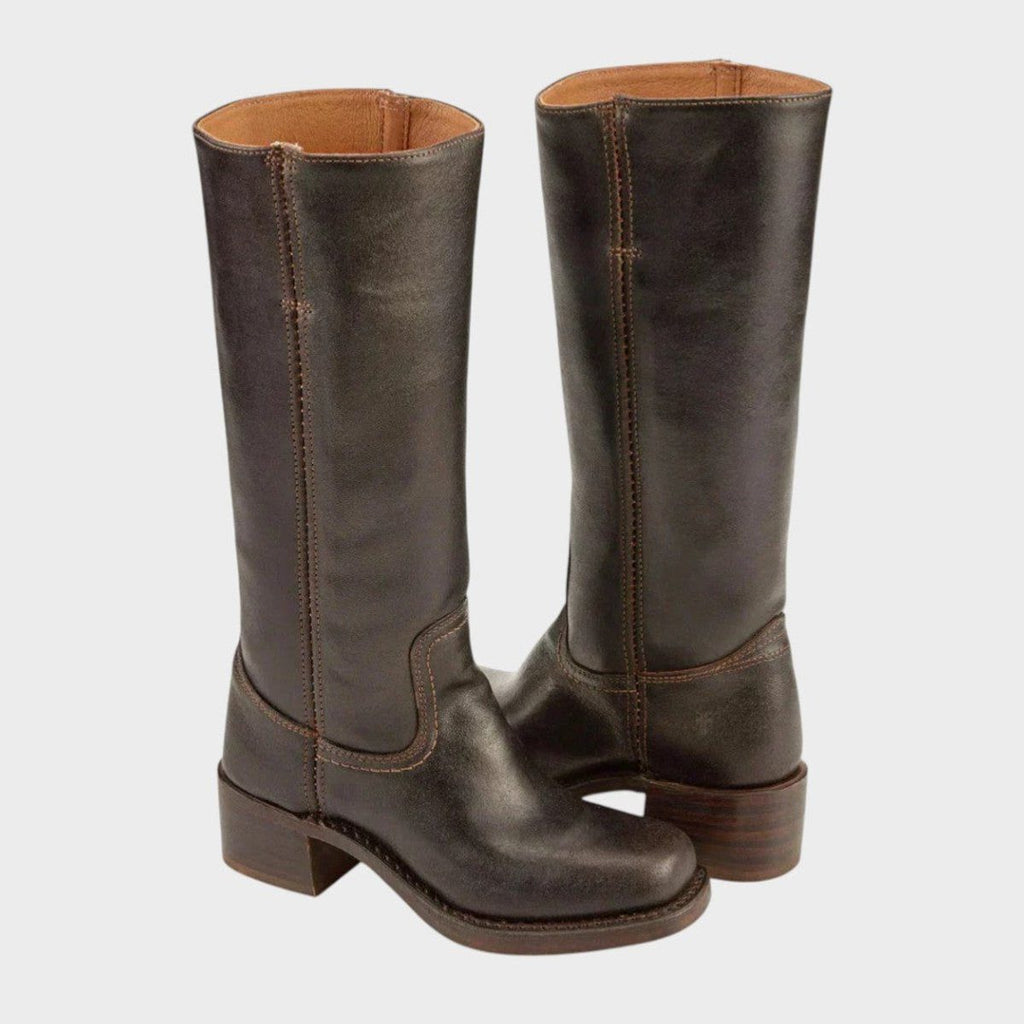 Women's Center-Seam Leather Western Boots with Rounded Toe - Dark Brown