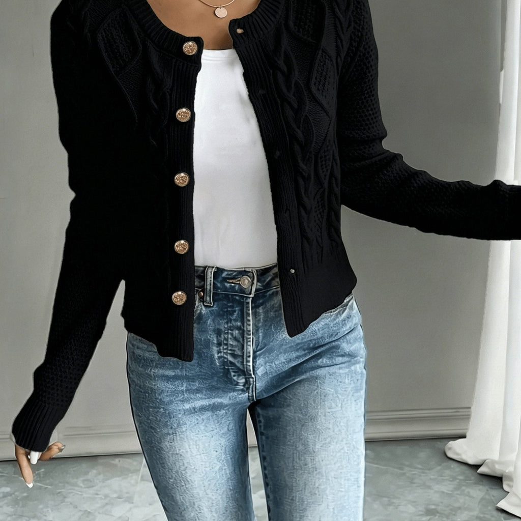 Women's Waist-Cropped Cable-Knit Cardigan with Full Button Front - Black
