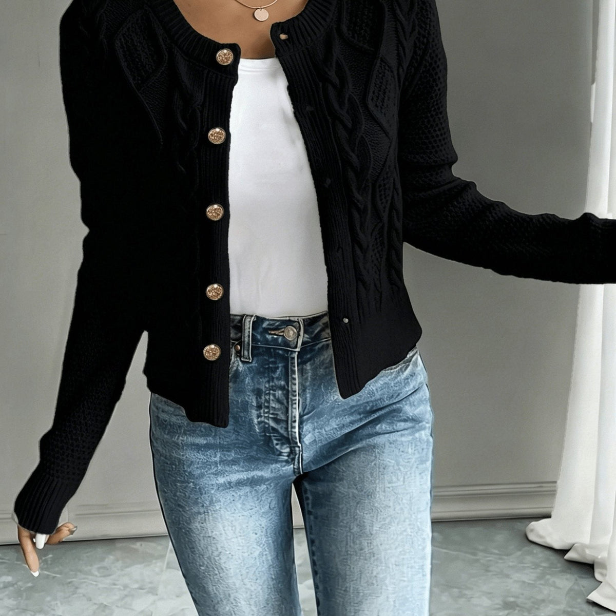 Women's Waist-Cropped Cable-Knit Cardigan with Full Button Front - Black