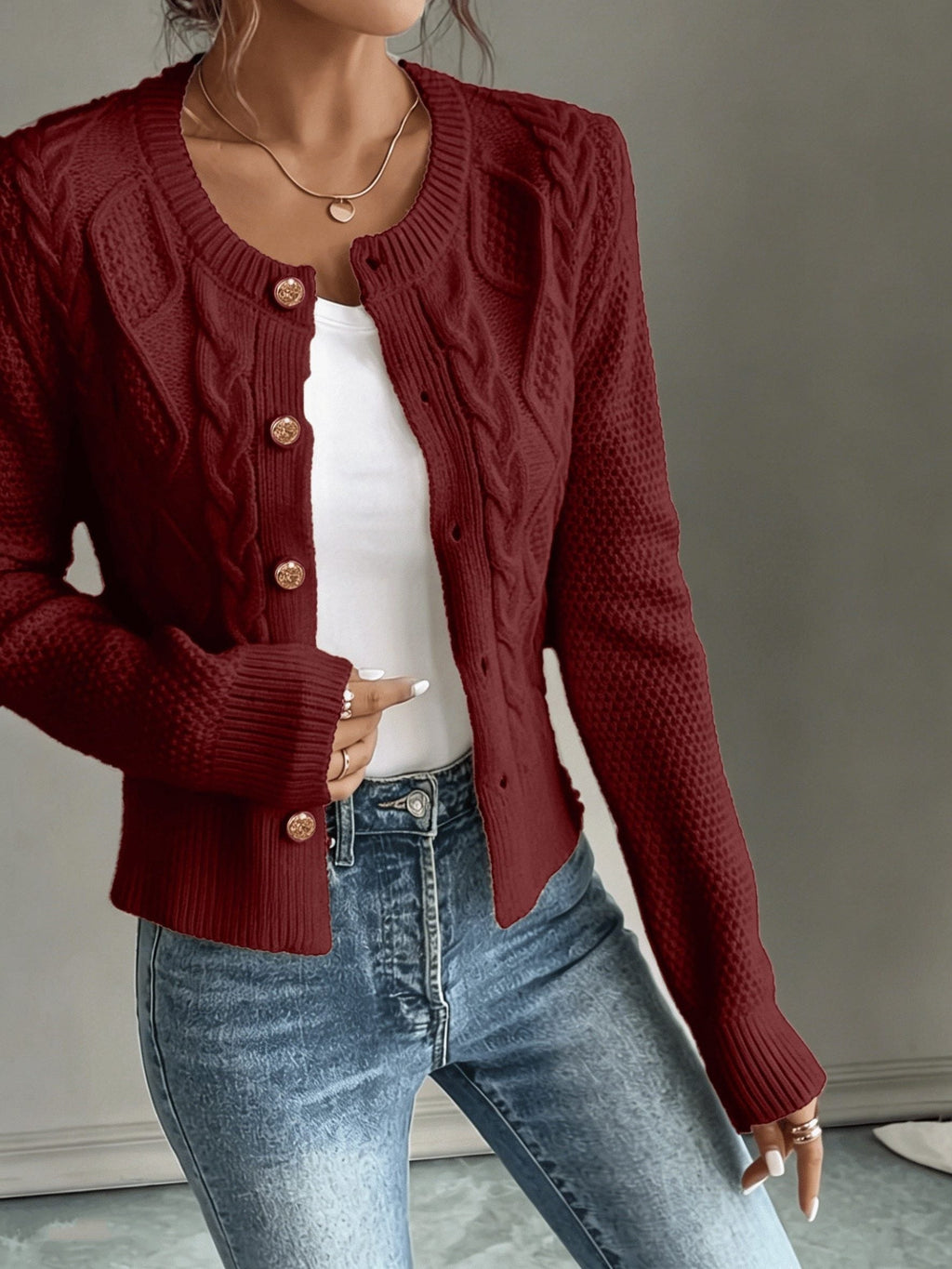 Women's Waist-Cropped Cable-Knit Cardigan with Full Button Front